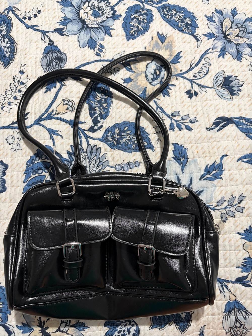 Patent Black Double-Pocket Shoulder Bag